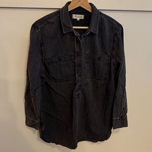 Madewell Women’s Tunic Black Dark Wash Denim Button-Up Shirt Pockets Size M